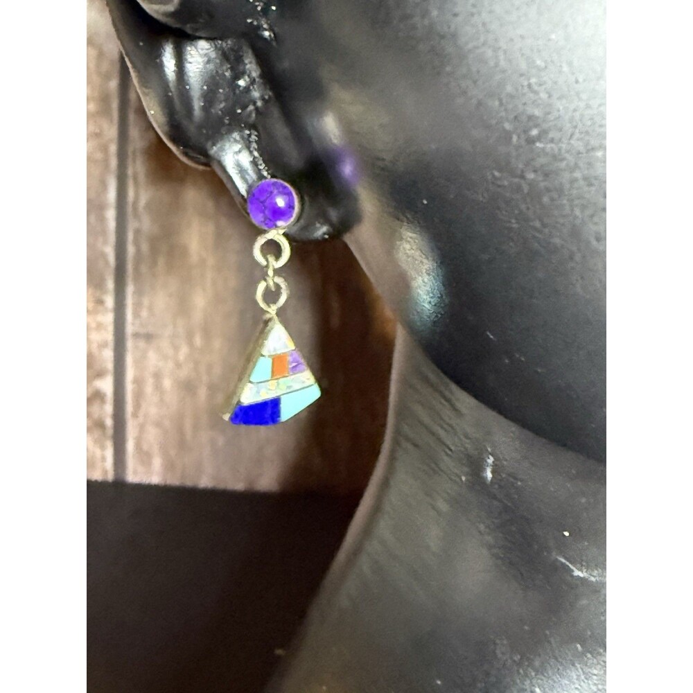 Vintage Sterling Native American Inlay Triangle Dangle Earrings Signed PP